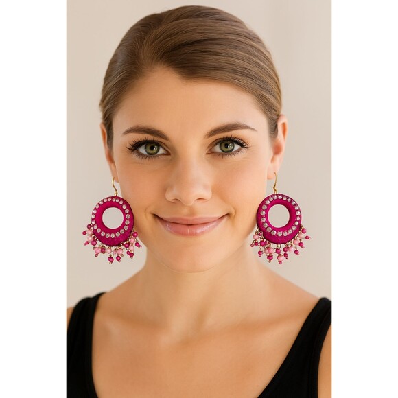 2" Wooden Fuchsia Pink Drop Dangle Earrings With Rhinestones - New - Picture 1 of 3